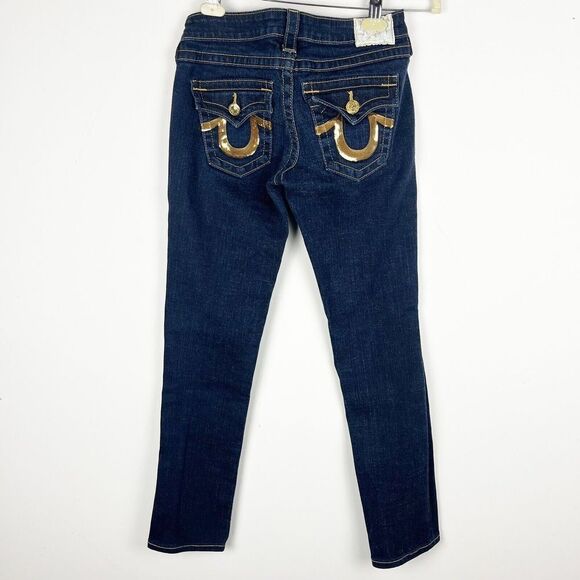 True Religion Denim - True Religion Joey Dark Wash Skinny Jeans Gold Sequin Pockets Size 26 In…​​​